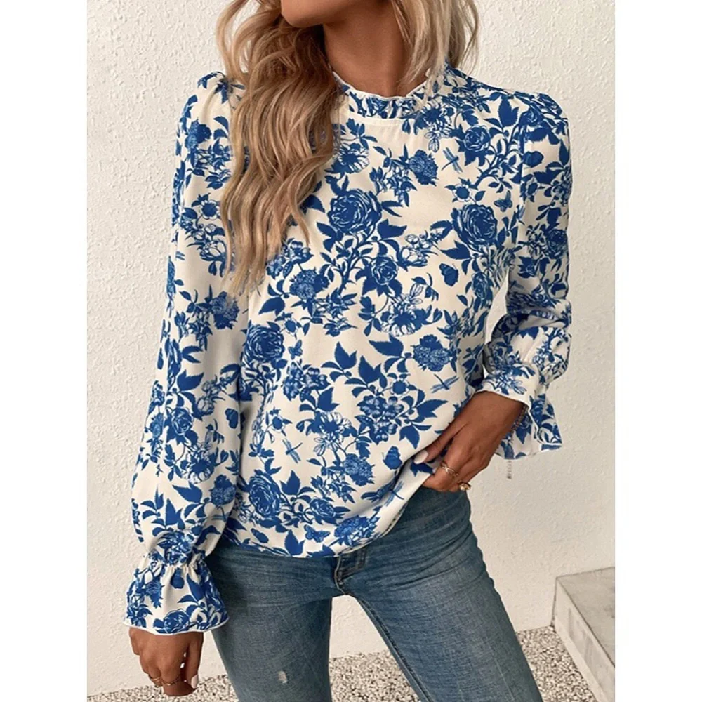 💙 BOHO BLUE IVORY FLORAL LONG SLEEVE BLOUSE! - Picture 5 of 8